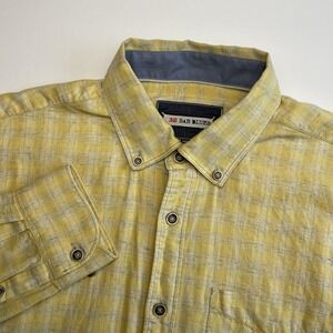 32 Bar Blues Button Down Shirt Mens Medium Yellow Plaid Long Sleeve Flannel